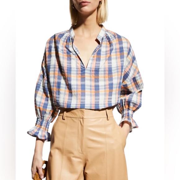 Finley Tops - Finley Rex Top in Newbury Port Plaid Popover 3/4 Sleeve Crepe Multicolor…